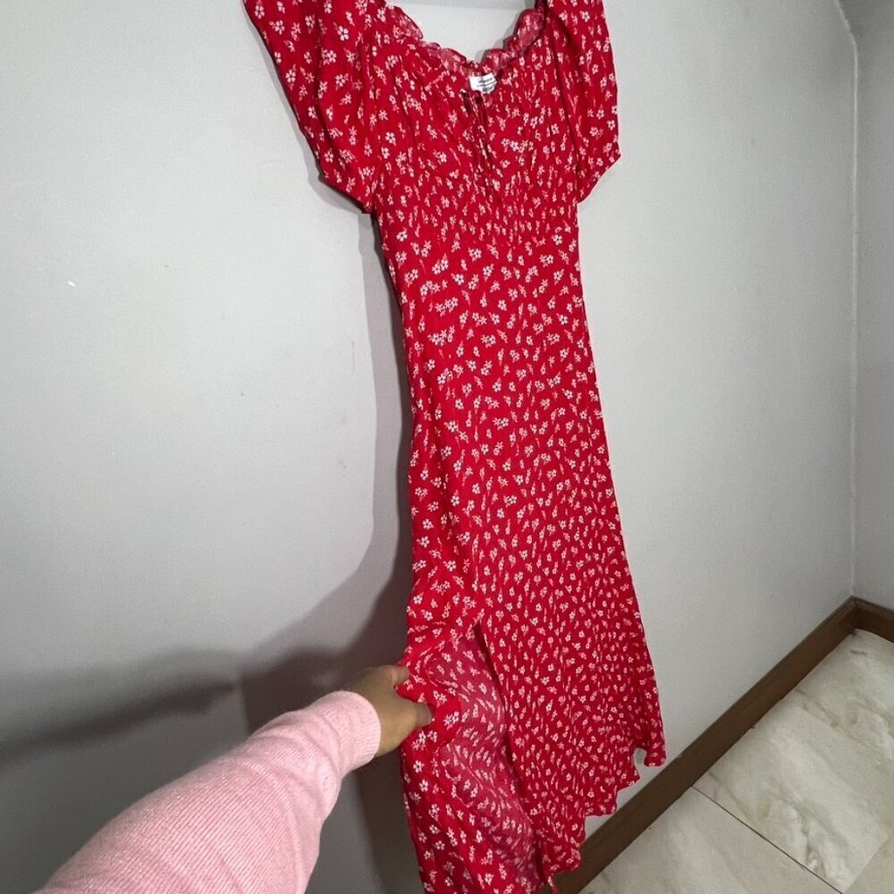 & Other Stories Red Floral Puff Sleeve Milkmaid Maxi Dress Cottagecore Coquette - Picture 8 of 15